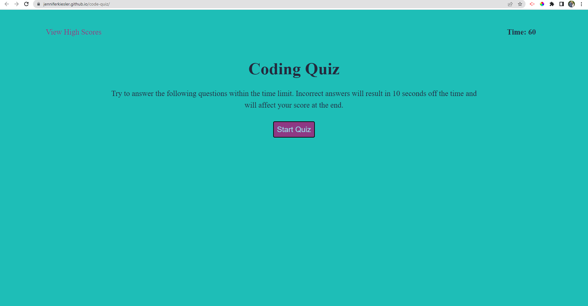 screenshot of the Code Quiz
